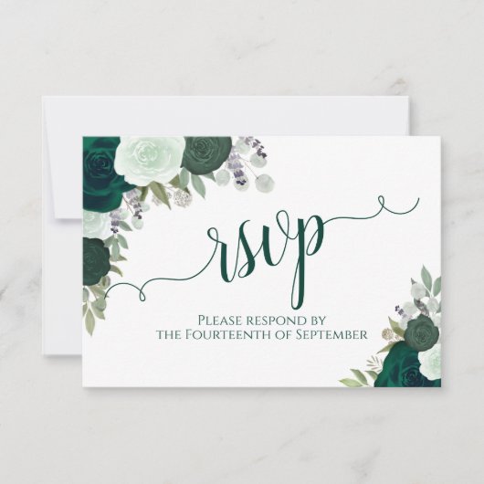 Elegant Emerald Green Floral Calligraphy Wedding RSVP Karte (Vorderseite)