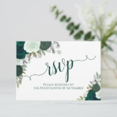 Elegant Emerald Green Floral Calligraphy Wedding RSVP Karte (Stehend Vorderseite)