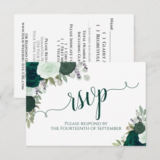 Elegant Emerald Green Floral Calligraphy Wedding RSVP Karte (Vorne/Hinten)