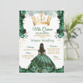 Elegant Emerald Green Floral Gold Crown Mis Quince Einladung (Stehend Vorderseite)