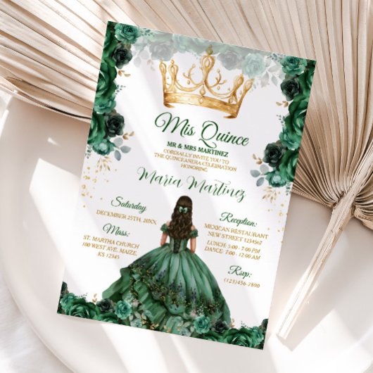 Elegant Emerald Green Floral Gold Crown Mis Quince Einladung