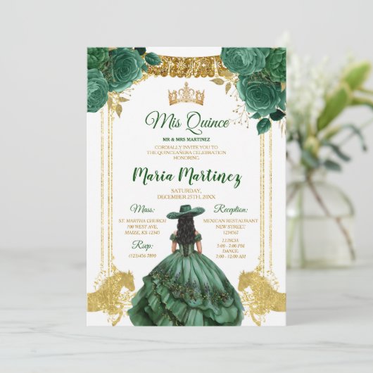 Elegant Emerald Green Floral Gold Einladung (Stehend Vorderseite)