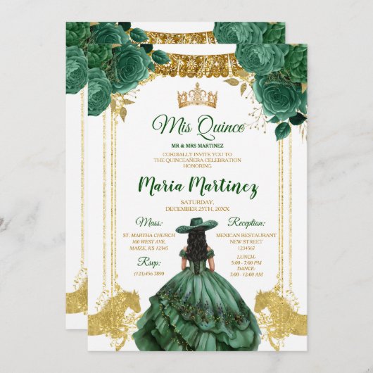 Elegant Emerald Green Floral Gold Einladung (Vorne/Hinten)