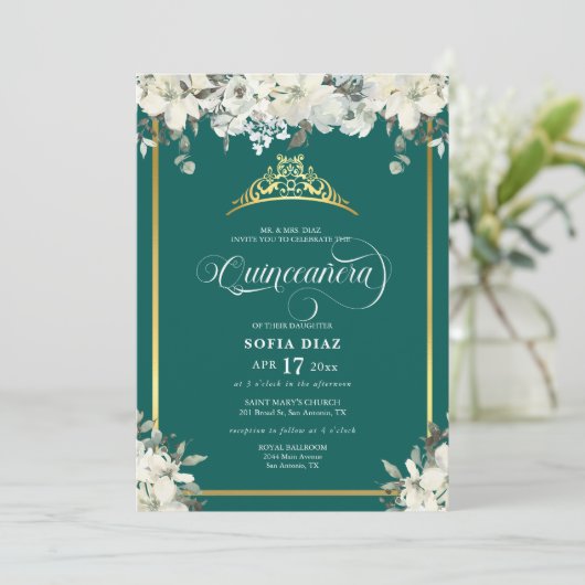 Elegant Emerald Green Foto QR Code Quinceañera Einladung (Stehend Vorderseite)