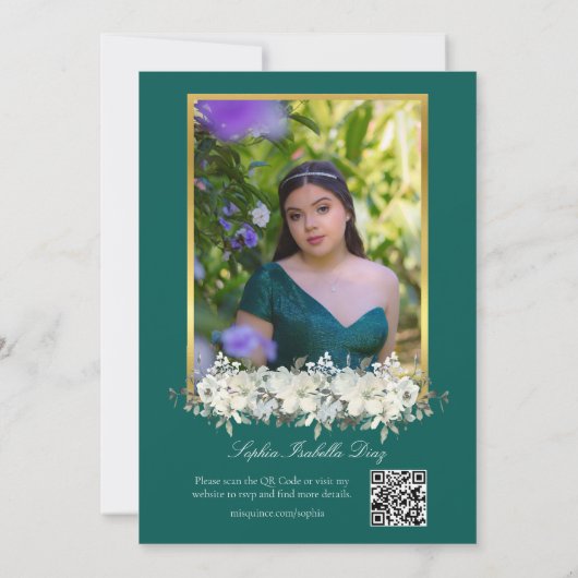 Elegant Emerald Green Foto QR Code Quinceañera Einladung (Rückseite)