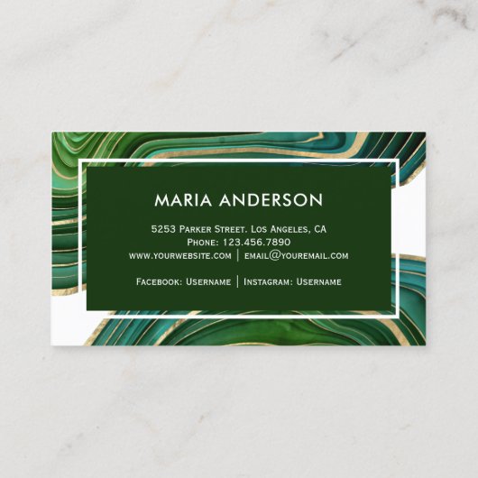Elegant Emerald Green Gold Agate Geode Gemstone Visitenkarte (Rückseite)