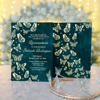 Elegant Emerald Green Gold Butterfly Quinceñera Einladung