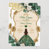 Elegant Emerald Green & Gold Crown Quinceñera Einladung (Vorne/Hinten)