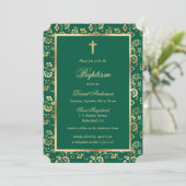 Elegant Emerald Green Gold Floral Boy Taufe Einladung (Stehend Vorderseite)