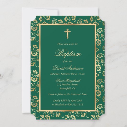 Elegant Emerald Green Gold Floral Boy Taufe Einladung (Vorderseite)