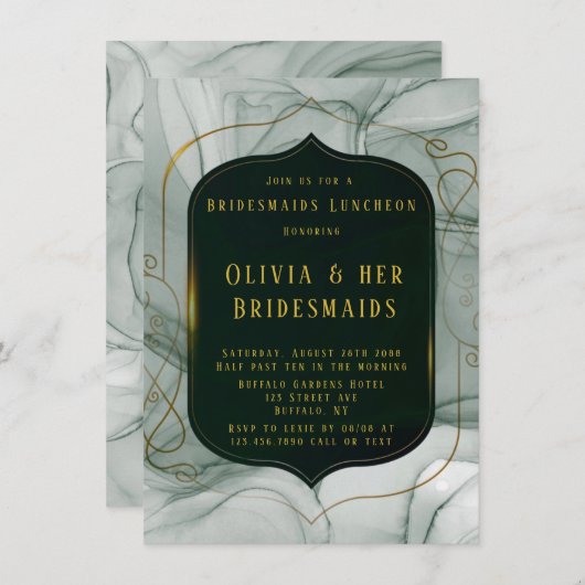 Elegant Emerald Green Gold Frame Brudesmaids Mitta Einladung (Vorne/Hinten)