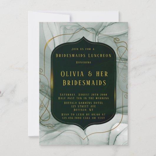 Elegant Emerald Green Gold Frame Brudesmaids Mitta Einladung (Vorderseite)