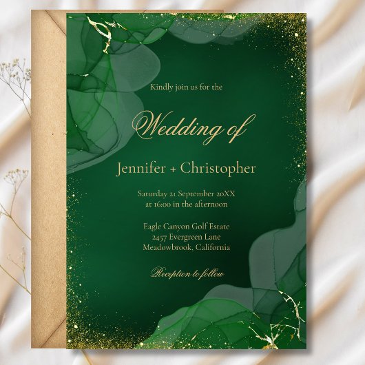 Elegant Emerald Green Gold Marble Wedding Einladung