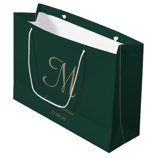 Elegant Emerald Green Gold Monogram Name Wedding Große Geschenktüte (Vorderseite Schrägansicht)