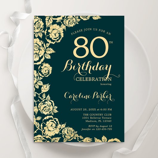 Elegant Emerald Green Gold Rose 80. Geburtstag Einladung