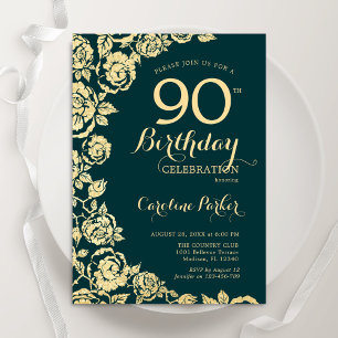Elegant Emerald Green Gold Rose 90. Geburtstag Einladung