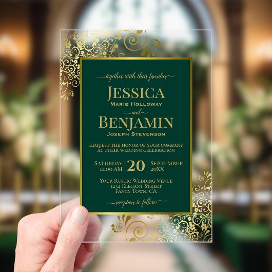 Elegant Emerald Green & Gold Stylish Text Wedding Acryleinladungen