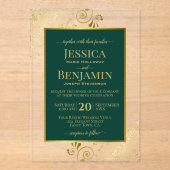 Elegant Emerald Green & Gold Stylish Text Wedding Acryleinladungen (Vorderseite)