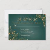 Elegant Emerald Green Golden Foliage Birds Initial RSVP Karte (Vorderseite)
