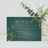 Elegant Emerald Green Golden Foliage Birds Initial RSVP Karte (Stehend Vorderseite)