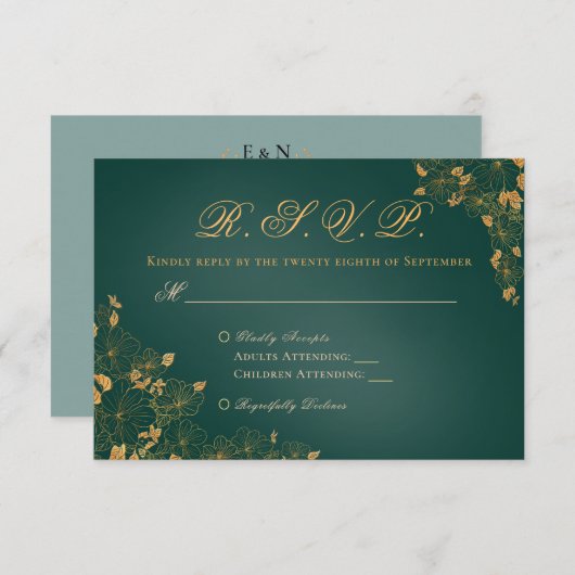 Elegant Emerald Green Golden Foliage Birds Initial RSVP Karte (Vorne/Hinten)