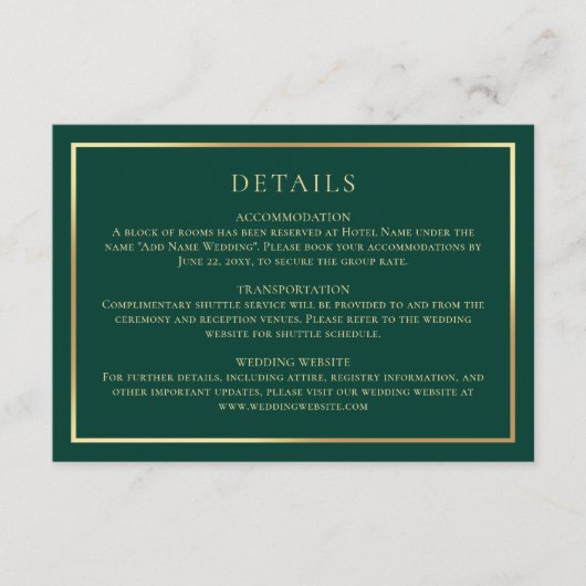 Elegant Emerald Green Horizontal Classic Gold Begleitkarte (Vorderseite)