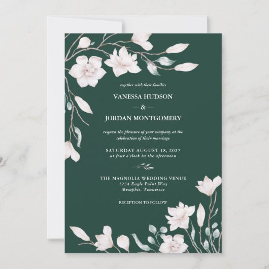 Elegant Emerald Green Magnolia Wedding Einladung (Vorderseite)