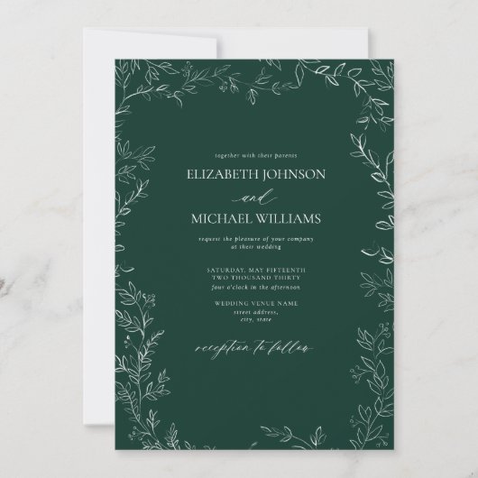 Elegant Emerald Green Minimal Leaf Details Wedding Einladung (Vorderseite)