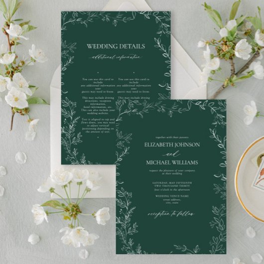 Elegant Emerald Green Minimal Leaf Details Wedding Einladung