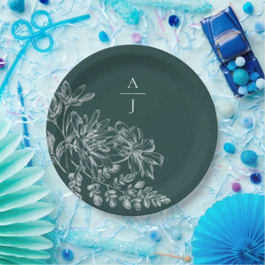 Elegant Emerald Green Monogram Floral Pappteller (Party)