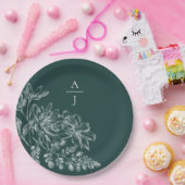Elegant Emerald Green Monogram Floral Pappteller (Party)