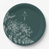 Elegant Emerald Green Monogram Floral Pappteller (Vorderseite)