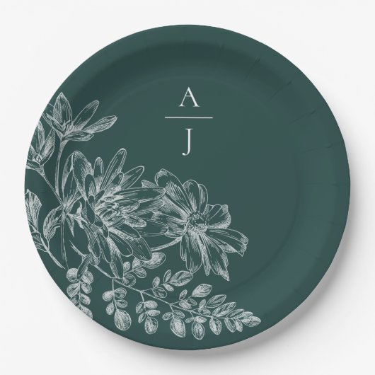 Elegant Emerald Green Monogram Floral Pappteller (Vorderseite)