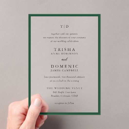 Elegant Emerald Green Monogram Modern Wedding Acryleinladungen (Insitu (Handheld))