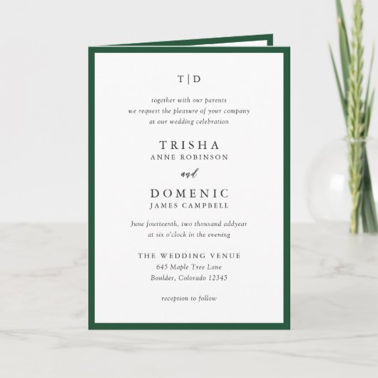 Elegant Emerald Green Monogram Modern Wedding Einladung (Vorderseite)