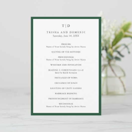 Elegant Emerald Green Monogram Modern Wedding Programm (Stehend Vorderseite)