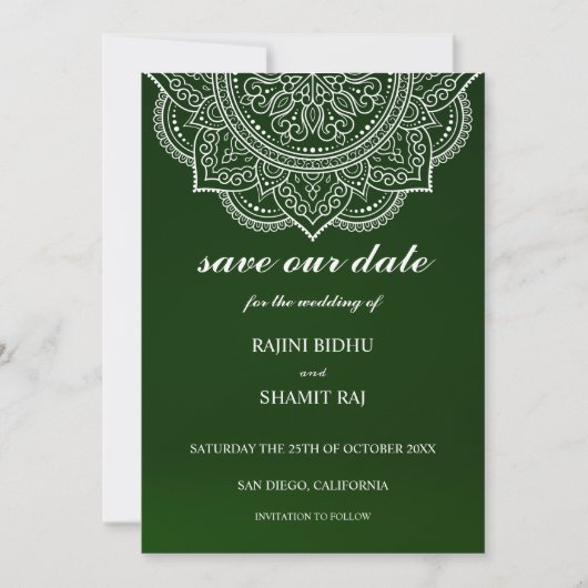 Elegant Emerald Green Paisley Indian Hindu Wedding Save The Date (Vorderseite)