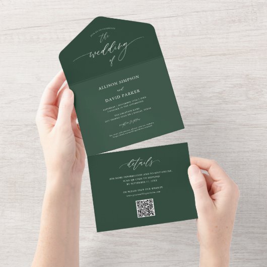 Elegant Emerald Green QR Wedding All In One Einladung (Abreißen)