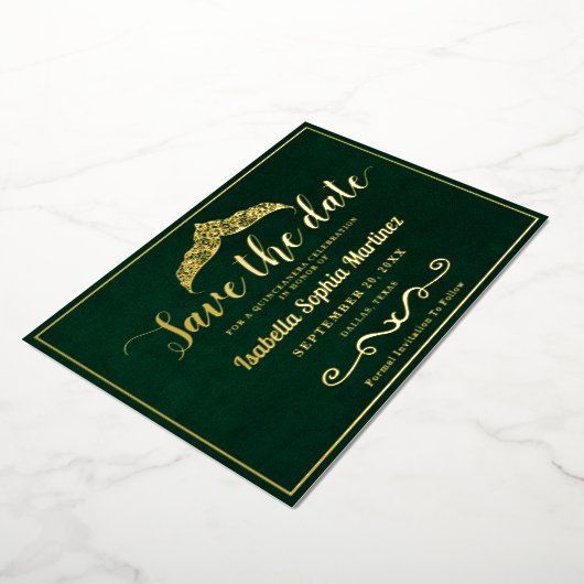 Elegant Emerald Green Quinceañera Save the Date Folieneinladung (Gedreht)