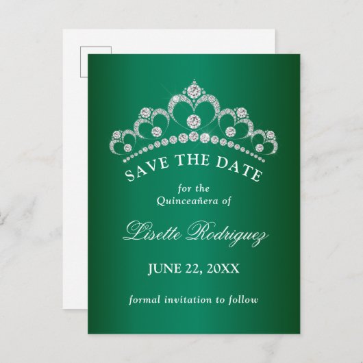 Elegant Emerald Green Quinceanera Save the Date Postkarte (Vorne/Hinten)