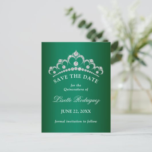Elegant Emerald Green Quinceanera Save the Date Postkarte (Stehend Vorderseite)