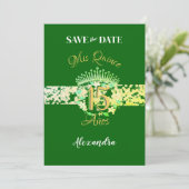 Elegant Emerald Green Quinceñera Spanisch Save The Date (Stehend Vorderseite)