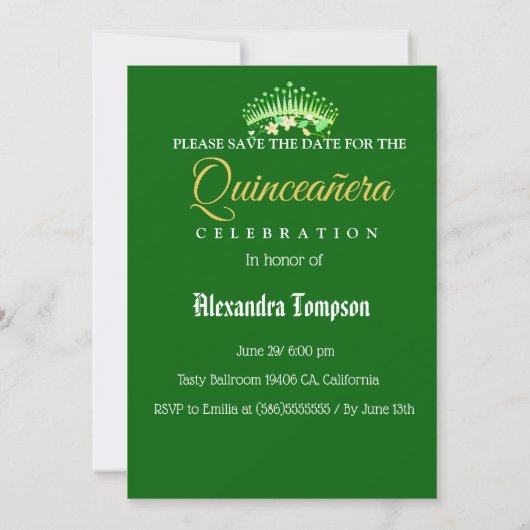 Elegant Emerald Green Quinceñera Spanisch Save The Date (Rückseite)