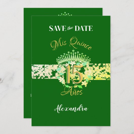 Elegant Emerald Green Quinceñera Spanisch Save The Date (Vorne/Hinten)