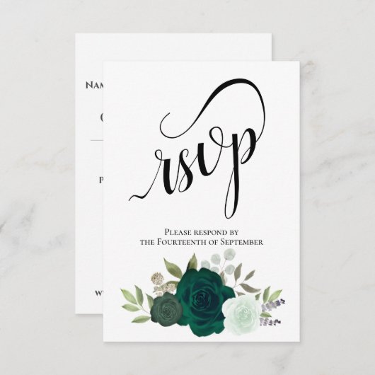 Elegant Emerald Green Rose Bouquet Wedding RSVP Karte (Vorne/Hinten)