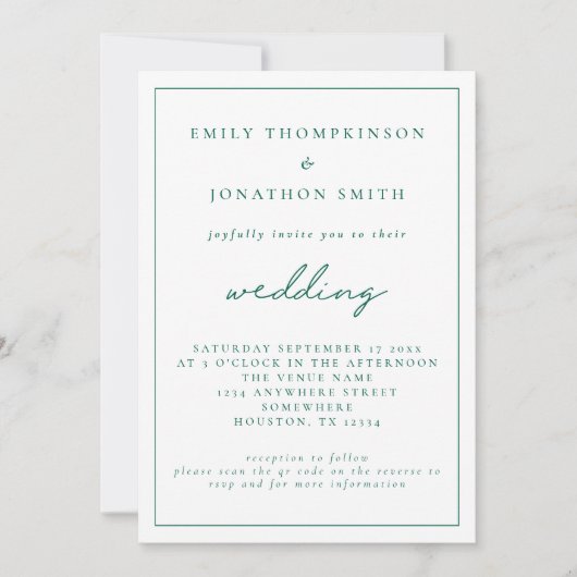Elegant Emerald Green Script QR Code Hochzeit Einladung (Vorderseite)