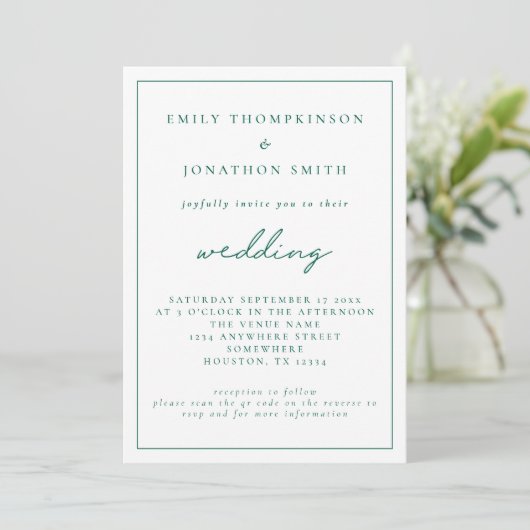 Elegant Emerald Green Script QR Code Hochzeit Einladung (Stehend Vorderseite)