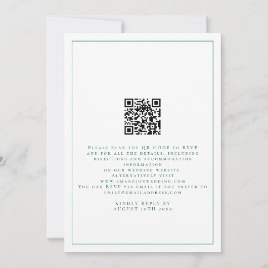 Elegant Emerald Green Script QR Code Hochzeit Einladung (Rückseite)