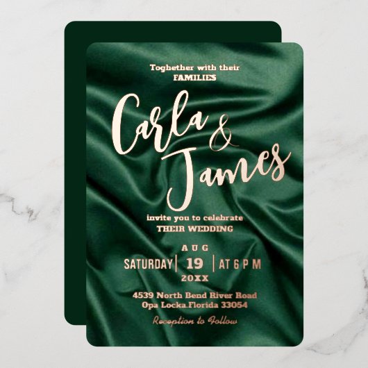 Elegant Emerald Green Silk Gold Moderne Hochzeit Folieneinladung (Vorderseite/Rückseite)