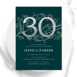 Elegant Emerald Green Silver 30. Geburtstag Einladung<br><div class="desc">Elegante smaragdgrün silber 30. Geburtstag Party Einladung. Individuell anpassbares modernes feminines Design mit Rose botanischen Akzenten und Imitaten Glitzer Silber. Einfache florale Einladungskarte perfekt für eine stilvolle Damenfeier. Personalisieren Sie Ihre persönlichen Daten. Gedruckte Zazzle Einladungen oder Sofortdownload digitalen druckbaren Vorlage.</div>